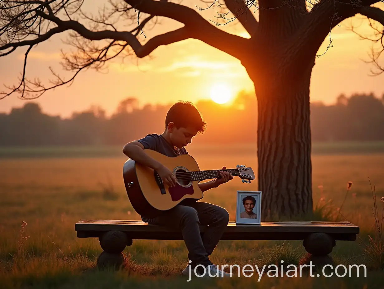 Young-Boy-Playing-Acoustic-Guitar-at-Sunset-with-Photo-of-Loved-One