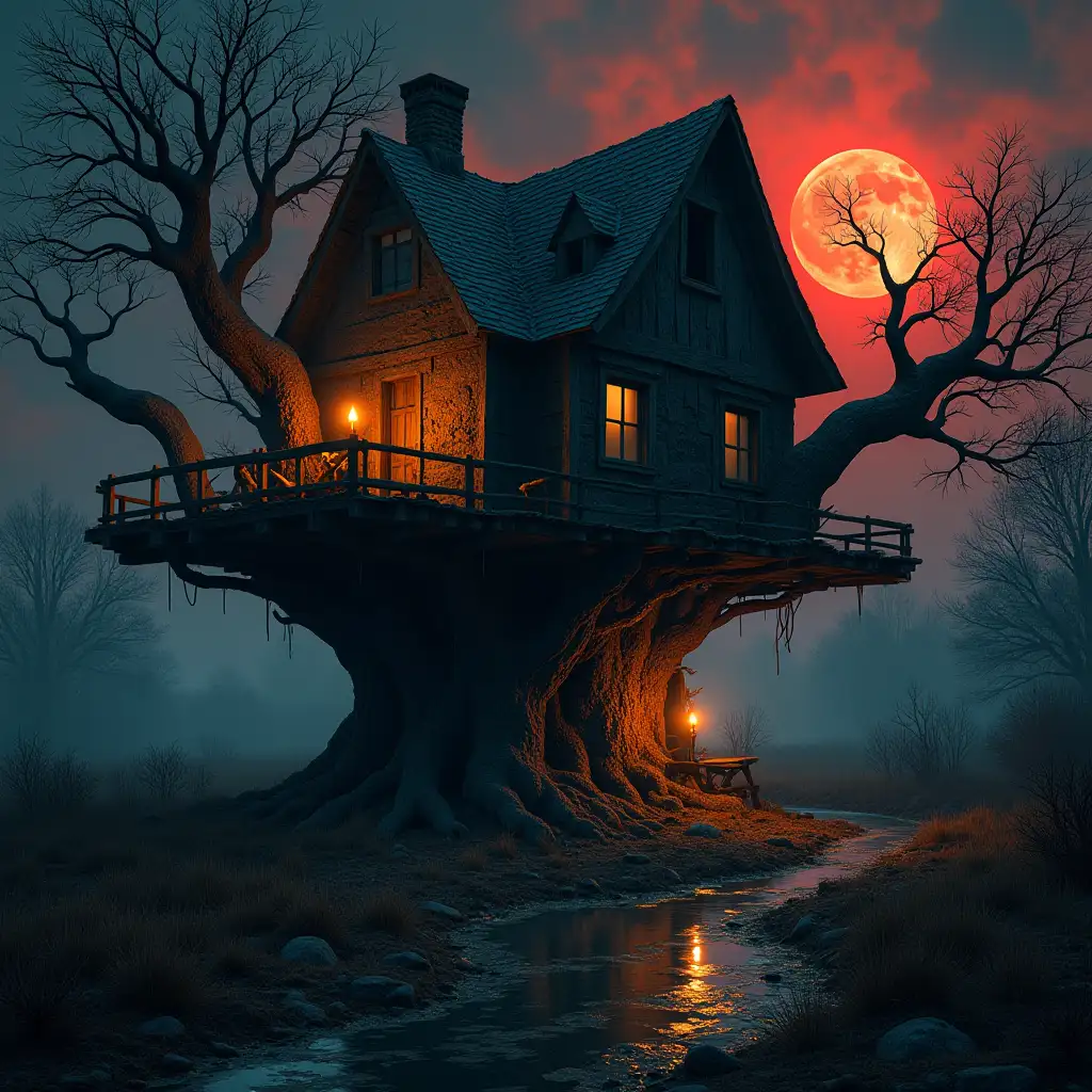 Create an image of a large ruined treehouse, burning candles in the house, dirty water, moon shining brightly, red clouds and photo-realistic detail on parts and lighting.