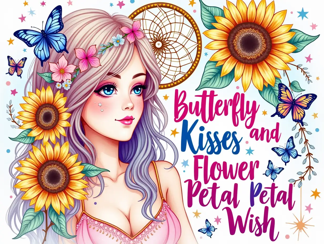 Vector illustration, Art style: Watercolor art. Create a vibrant, whimsical artwork of a woman with long, flowing hair adorned with colorful butterflies, surrounded by large, detailed sunflowers. She has a serene, contemplative expression and delicate makeup featuring tear-like designs. Include a dreamcatcher intertwined with flowers in the background. Use a color palette of pastel pinks, soft blues, and rich yellows, accented with sparkling elements like stars and glitter. The text 'Butterfly Kisses and Flower Petal Wish' should be written in bold, colorful letters, with a neon effect. The background should be filled with neon and other decorative elements.