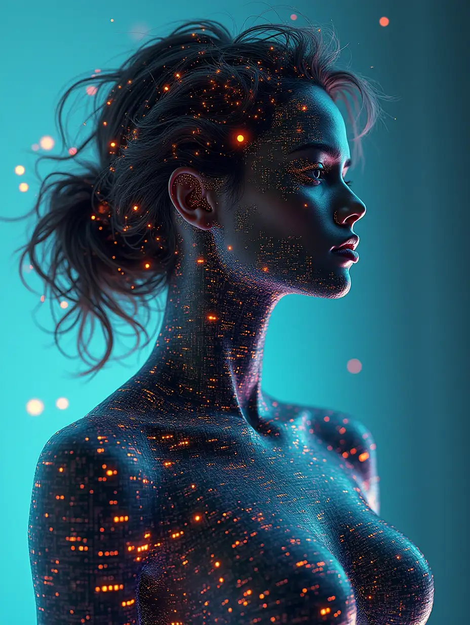 Futuristic Artwork | Female fashion model made up of computer code and technological shapes | Avant-garde and creative design | Complex and meticulous details | Combination of tech and fashion motifs | Dynamic and engaging composition | High-resolution and visually impressive