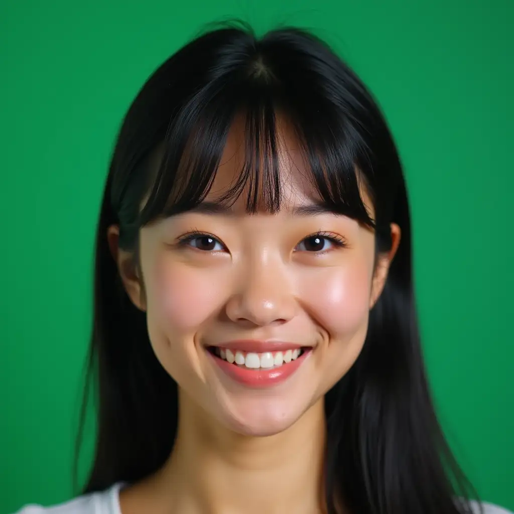 make a hyper realistic passport photo (facing, full head to breasts level, with a green-screen backdrop) Attractive American female, Mixed race (black and asian:1.2) Head shape: slim with well shaped jaws Eyes: (cleair/Light blue: 1.2), slim, asian type Age: 25 years old Hair: Black with a tick (full fringe:1.2)