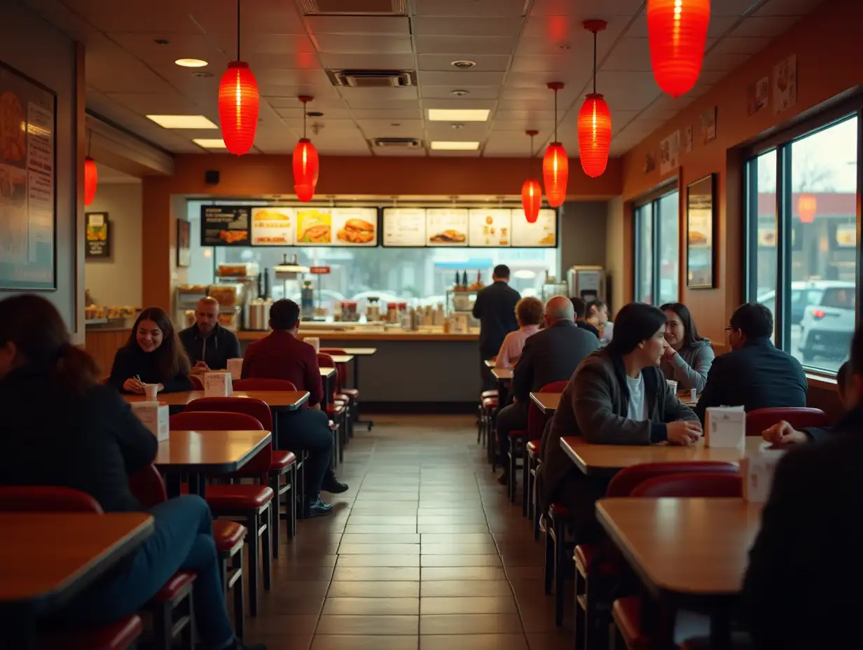 Dining room of a fast food restaurant with people