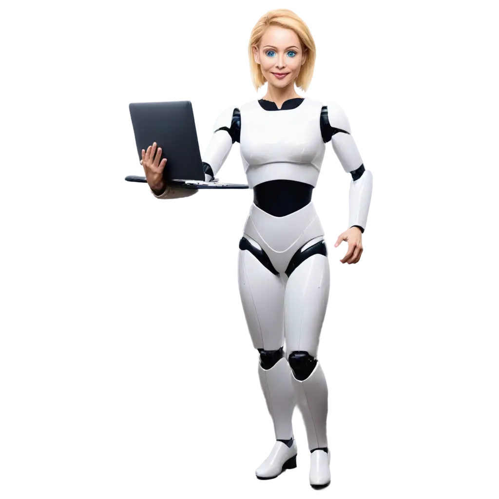 a 40yo blonde female humanoid robot dressed as an executive of a saas company, with a confident posture