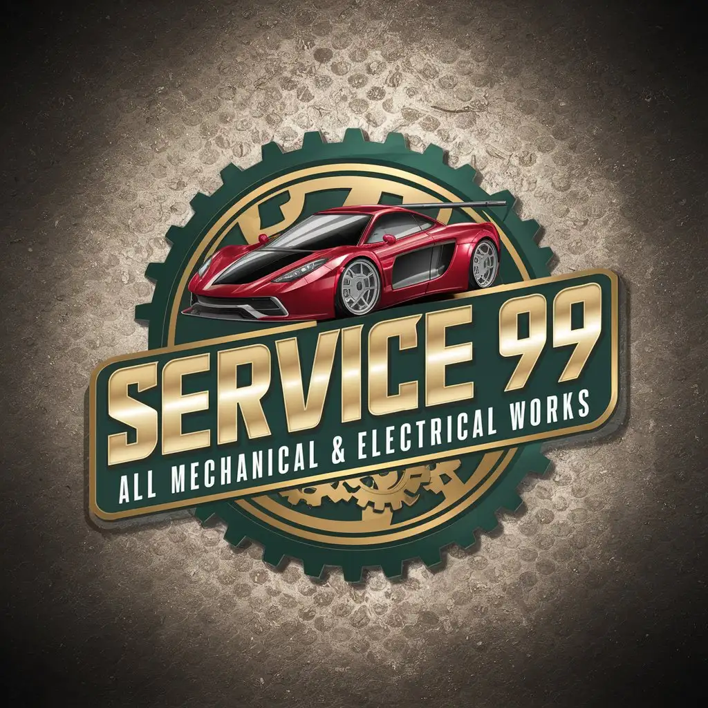 LOGO Design For Service 99 Sharp Gold Letters with Hyper Car and Mechanical Gears