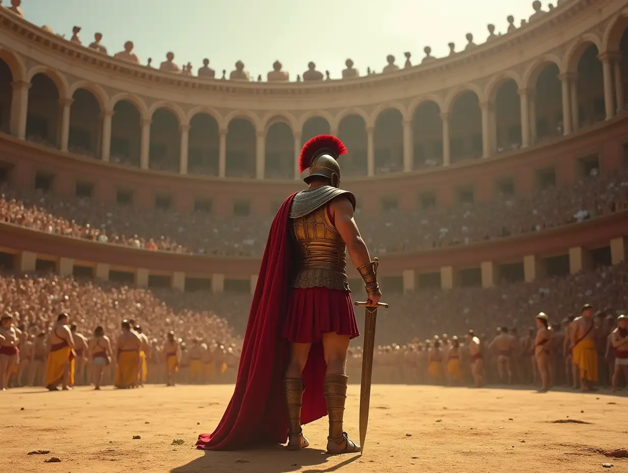 A gladiator with a sword in his hands stands in the center of the arena of the Roman Empire.