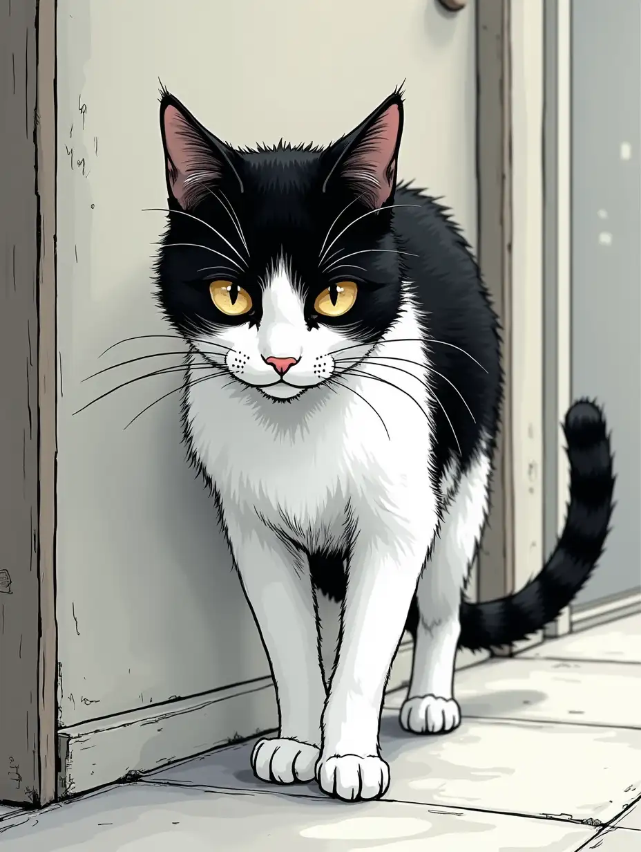 Sad-Walking-Black-and-White-Cat-in-Manga-Style