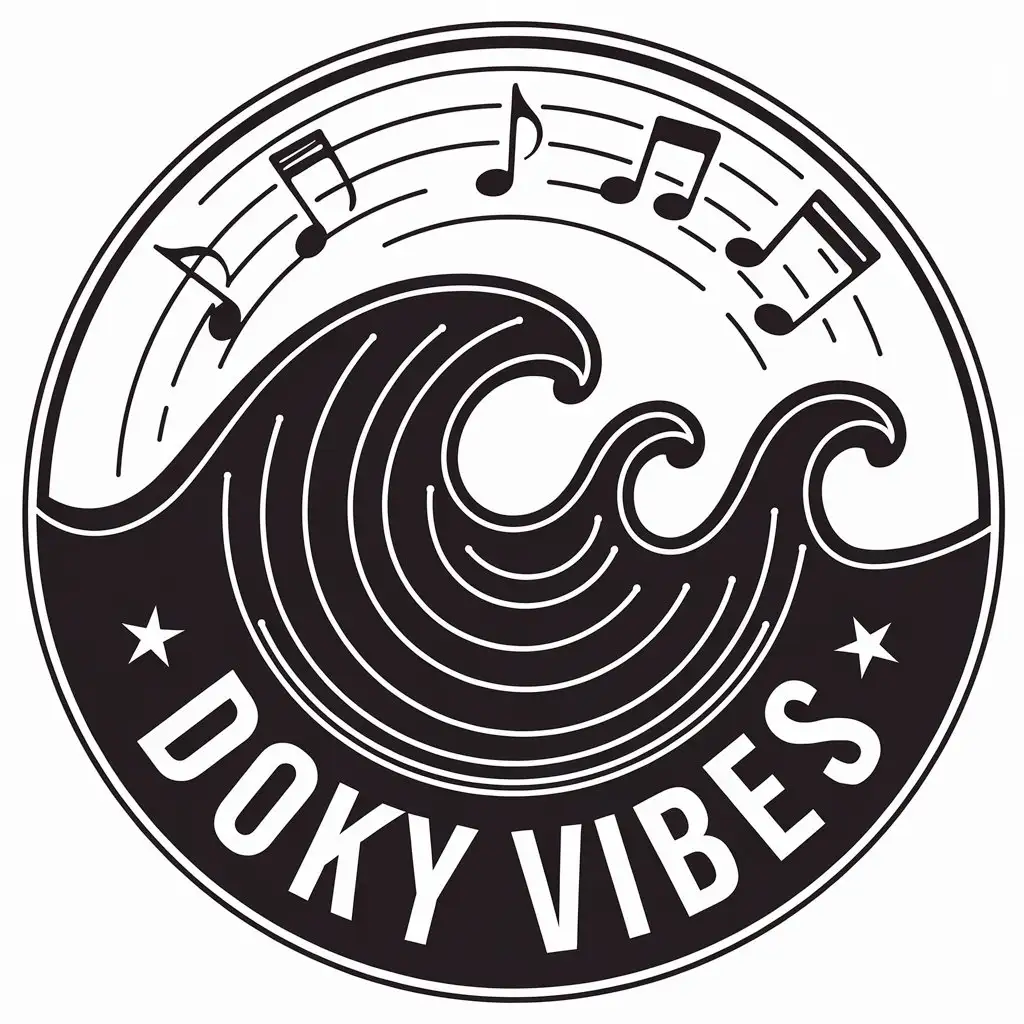 a vector logo design,with the text "doky vibes", main symbol:a vector logo design,with the text 'doky vibes', main symbol:waves of music, Moderate, be used in Music industry, clear background, white colors,Moderate,be used in Music industry,clear background