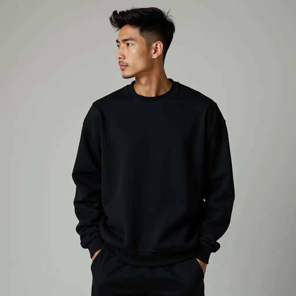 an asian young man model wearing black sweatshirt and black sweatpants