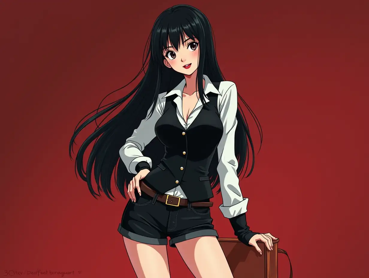 ultra hd very detailed 2D Drawing of Anime characters models of a pretty attractive young single female character with a mysterious background. The character has red lipstick long black hair and wears a white shirt and a black vest and short black shorts and boots Tetsuo Hara animation, Junji ito animation combined with Douglas Wiley animation style , Tex Avery, Chuck jones ,animation style character animation sheet