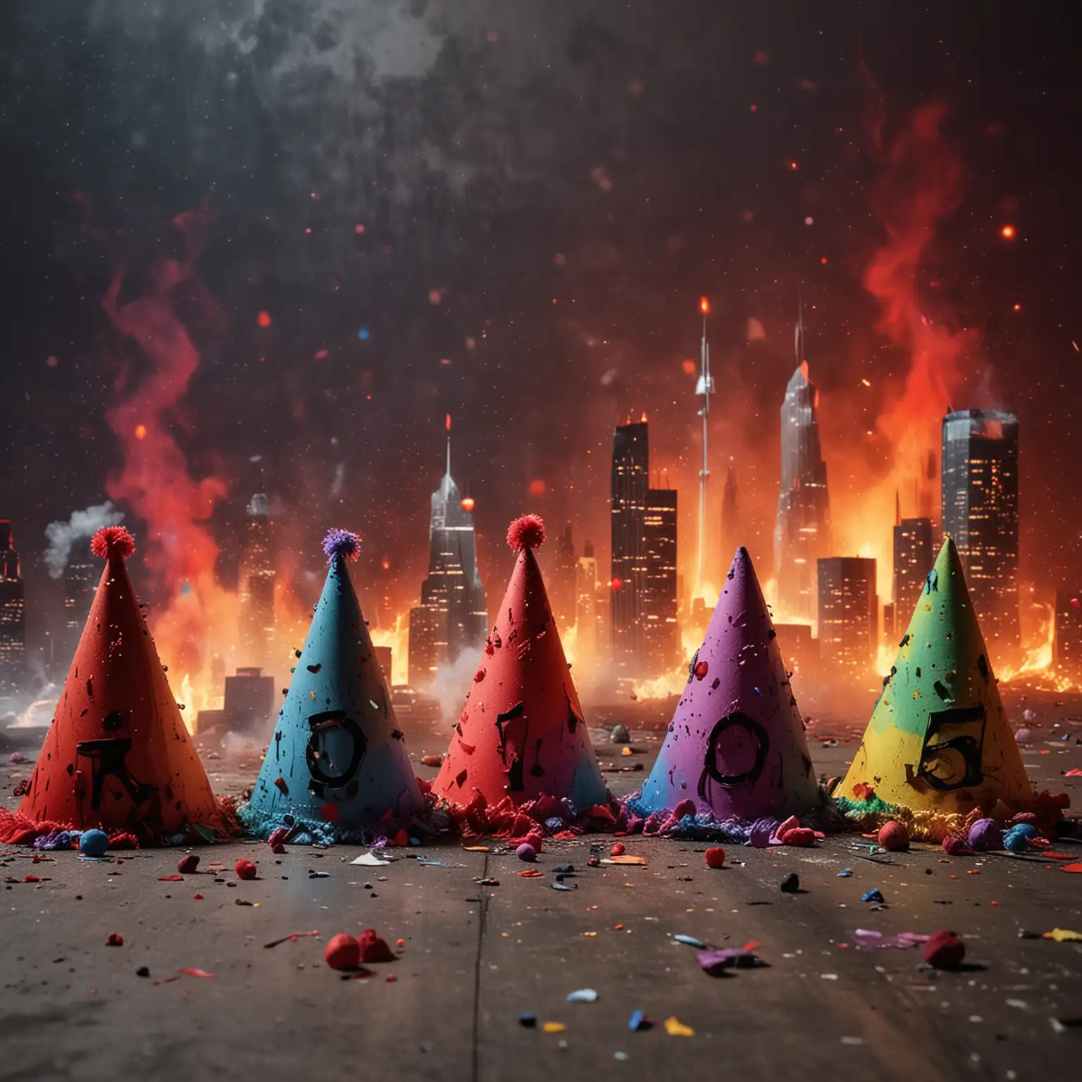 night bright city skyscrapers in the background, main objects are five ripped distressed rainbow party hats with red blood stain, on top of the party hats are tiny red fluffy ball. party hats are on fire ash and smoke.