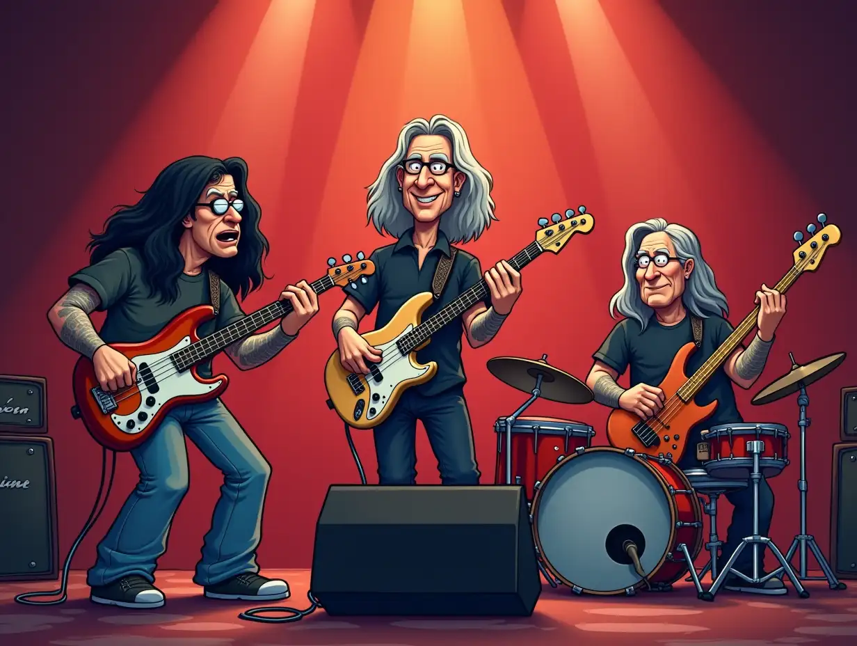 A cartoon picture, of 3 rock musicians, on a stage, playing rock music.  A base player 67 years old on a base guitar, with black hair. An electric guitar player 69 years old on guitar, with gray hair. A drum player 61 years old on the drums, with long hair.