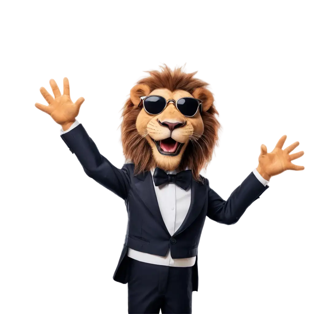 a comic lion smiling and wearing a tuxedo and wearing sunglasses