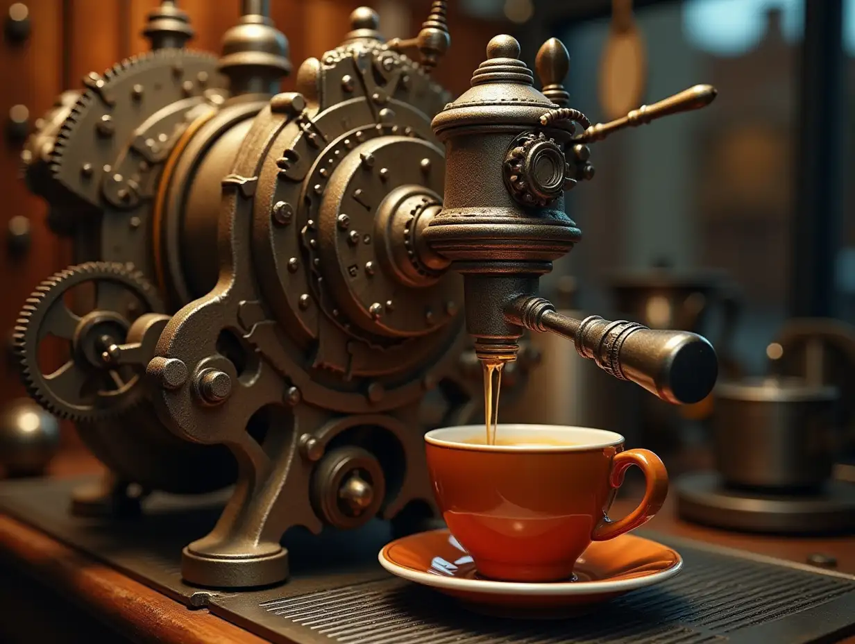 Weird coffee machines with many gears are making a coffee into the Steampunk cup