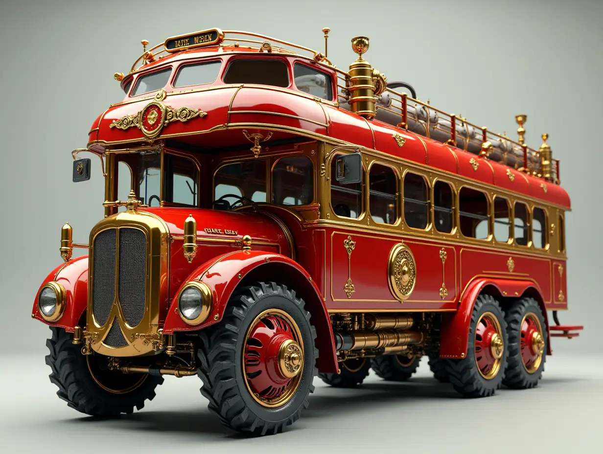 Super modern Autobus with three levels and eight wheels gold red Steampunk