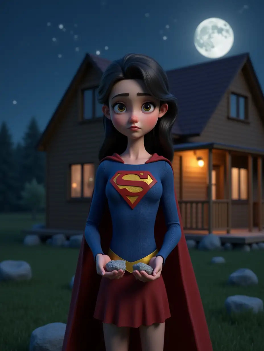 A highly detailed 3D-rendered image of a young female superhero with a sad and concerned expression, standing in front of a cozy countryside house at night. She wears a blue and red superhero costume with a bold 'S' emblem on her chest, a red cape flowing gently behind her. She holds a broken rock in her hands, looking at it with worry. The moonlight illuminates her face, creating a soft glow. The background features a starry night sky, a full moon, and a warm-lit house with a wooden porch. Scattered rocks are on the grass, adding depth to the scene. The rendering style is cinematic with realistic lighting and textures