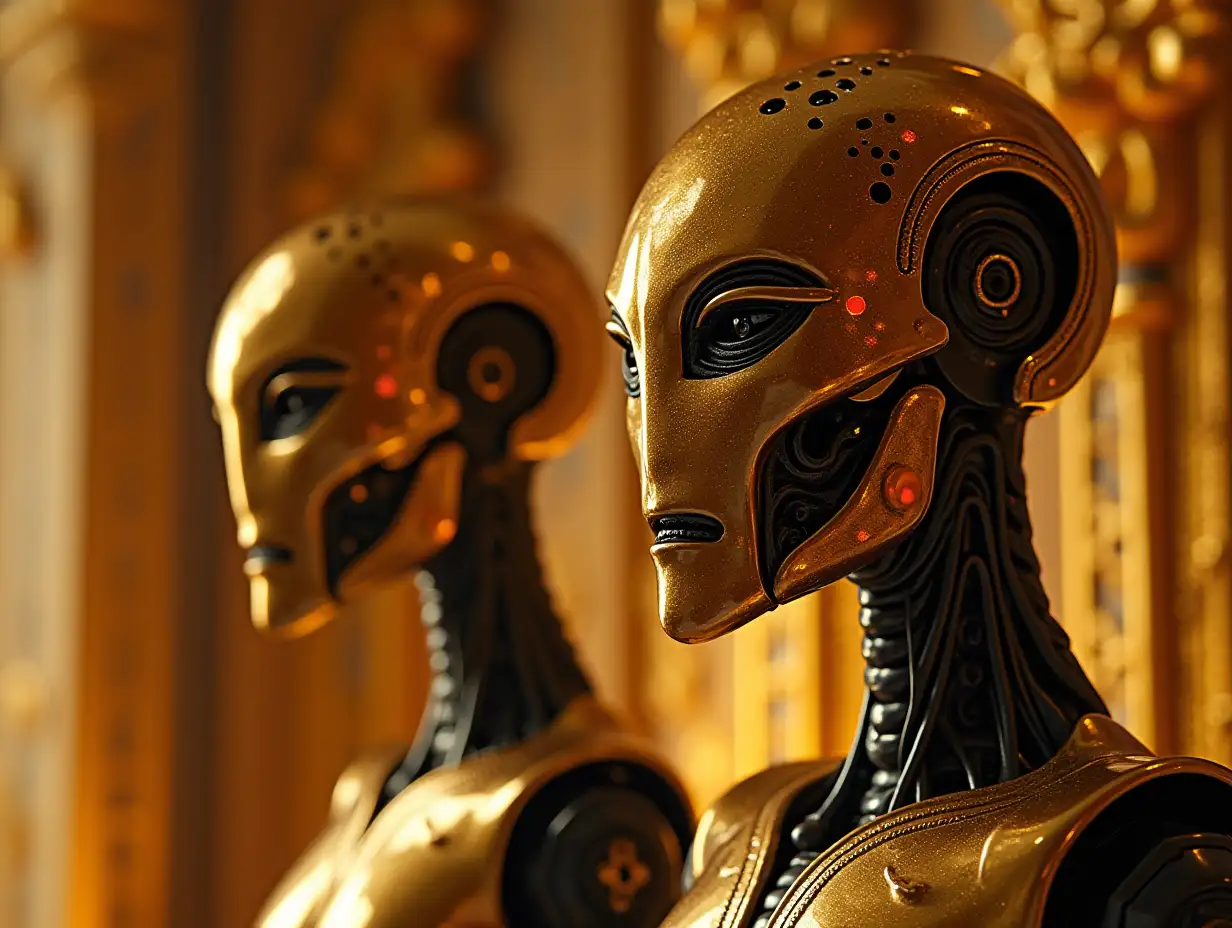 Gold and glass with black ornaments, Robot with young black-red patterns, alien face, long neck, sharp chin, expressing anger on their faces, modern, in a temple made of much gold, in various shades, 4K, Colorfu.