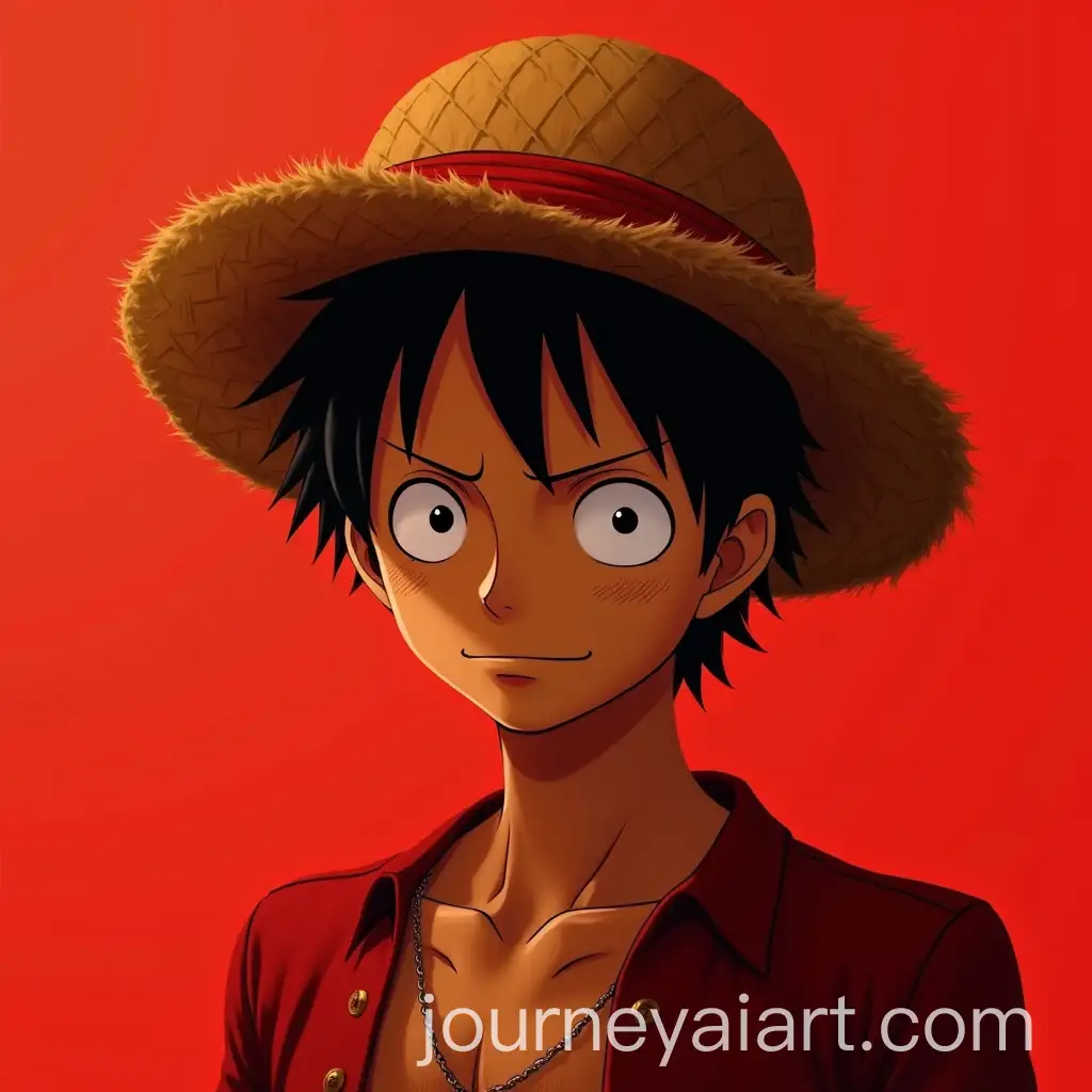Realistic-Portrait-of-Luffy-from-One-Piece-with-Straw-Hat-on-Plain-Red-Background
