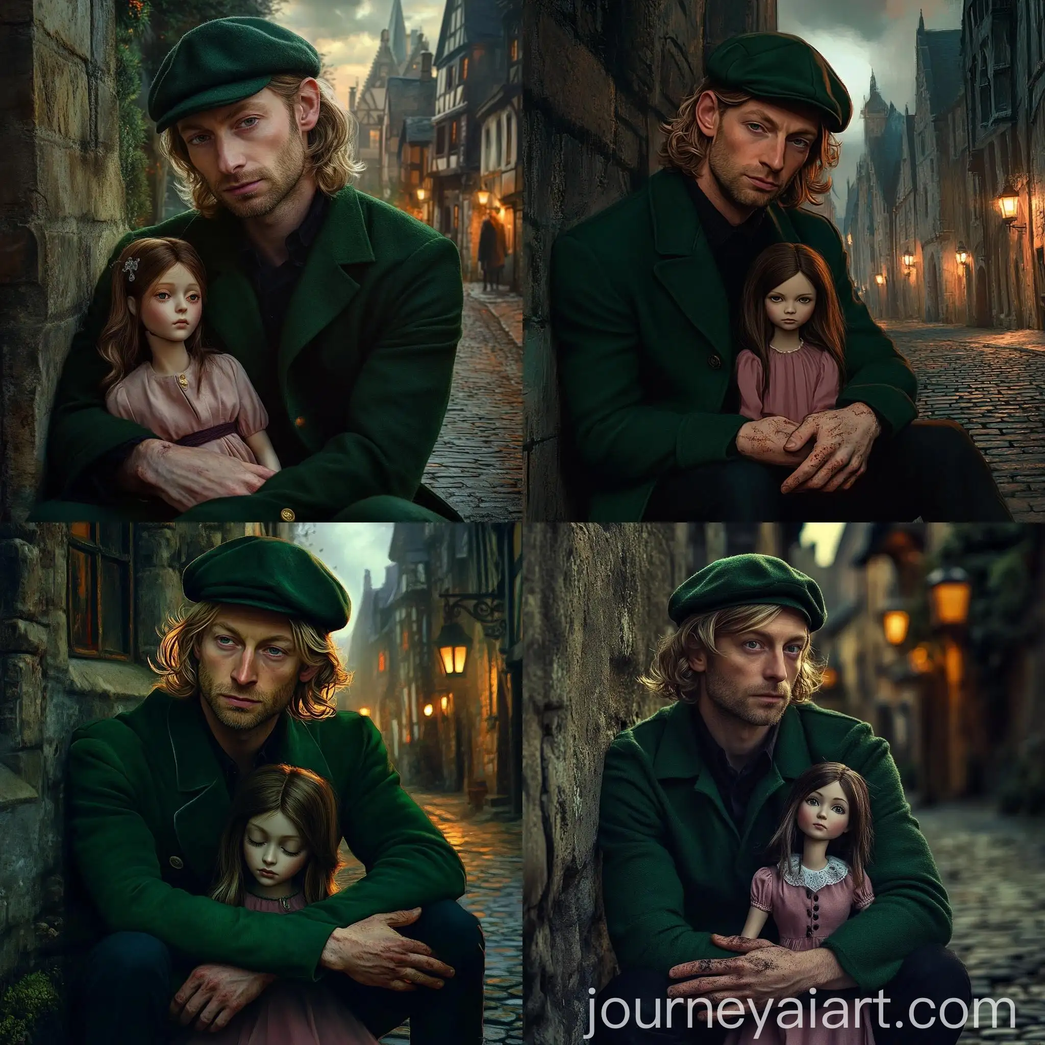 Sad-Magician-Clutching-Realistic-Doll-in-Medieval-City-Street