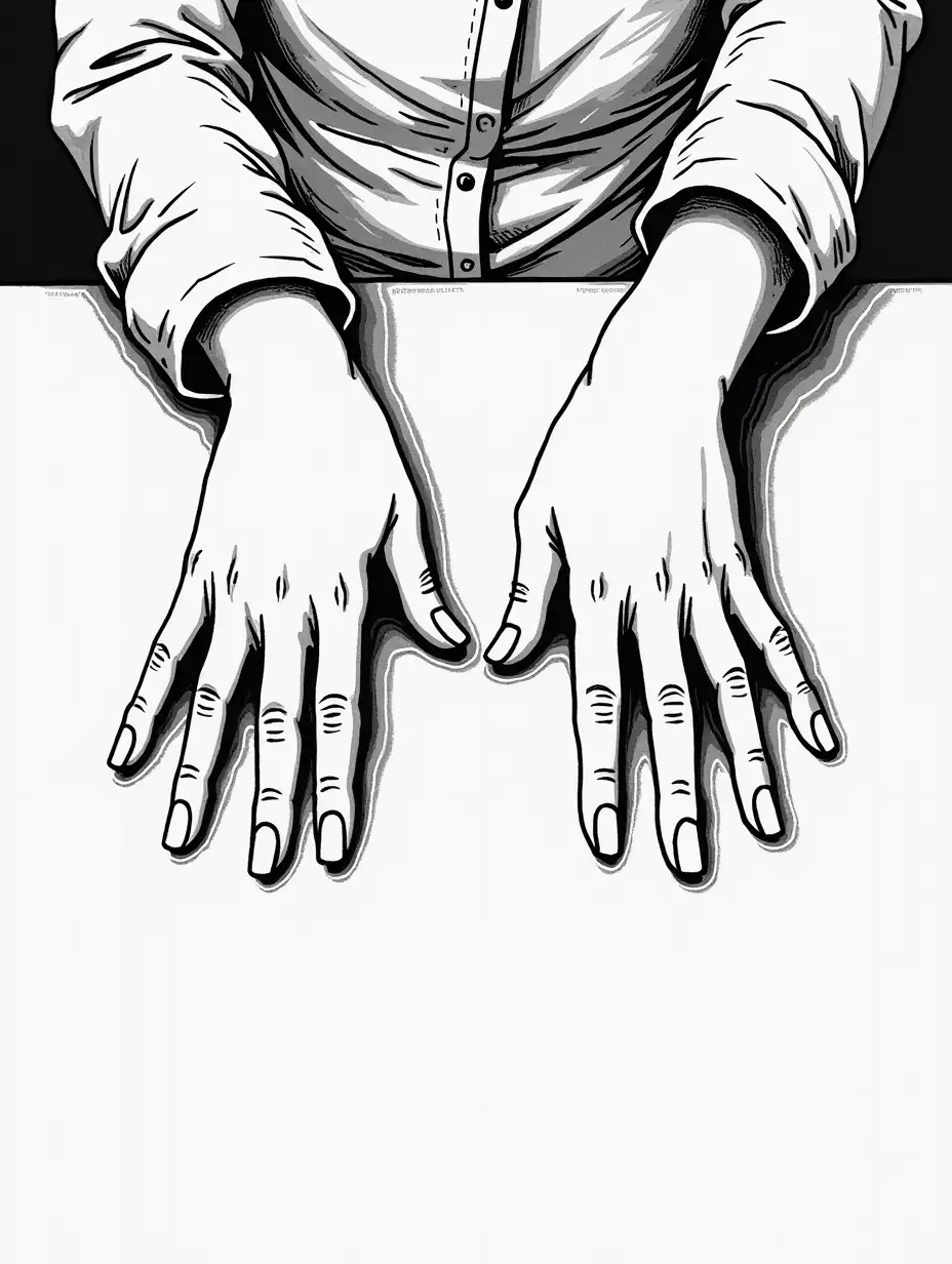 Black-and-White-Illustration-of-One-Persons-Hands-Flat-on-Table
