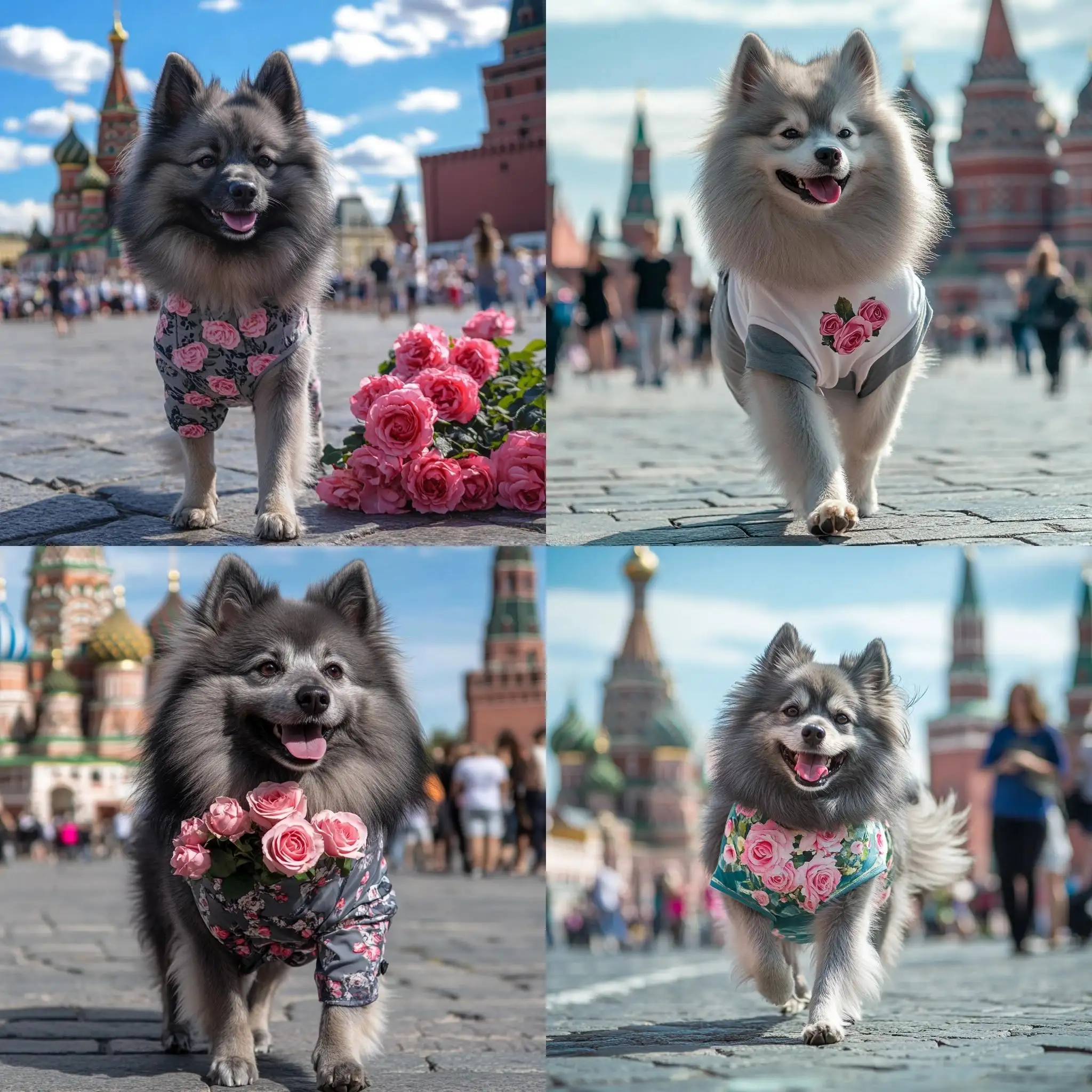 Gray-Spitz-Dog-Walking-on-Red-Square-in-Moscow-with-Pink-Roses