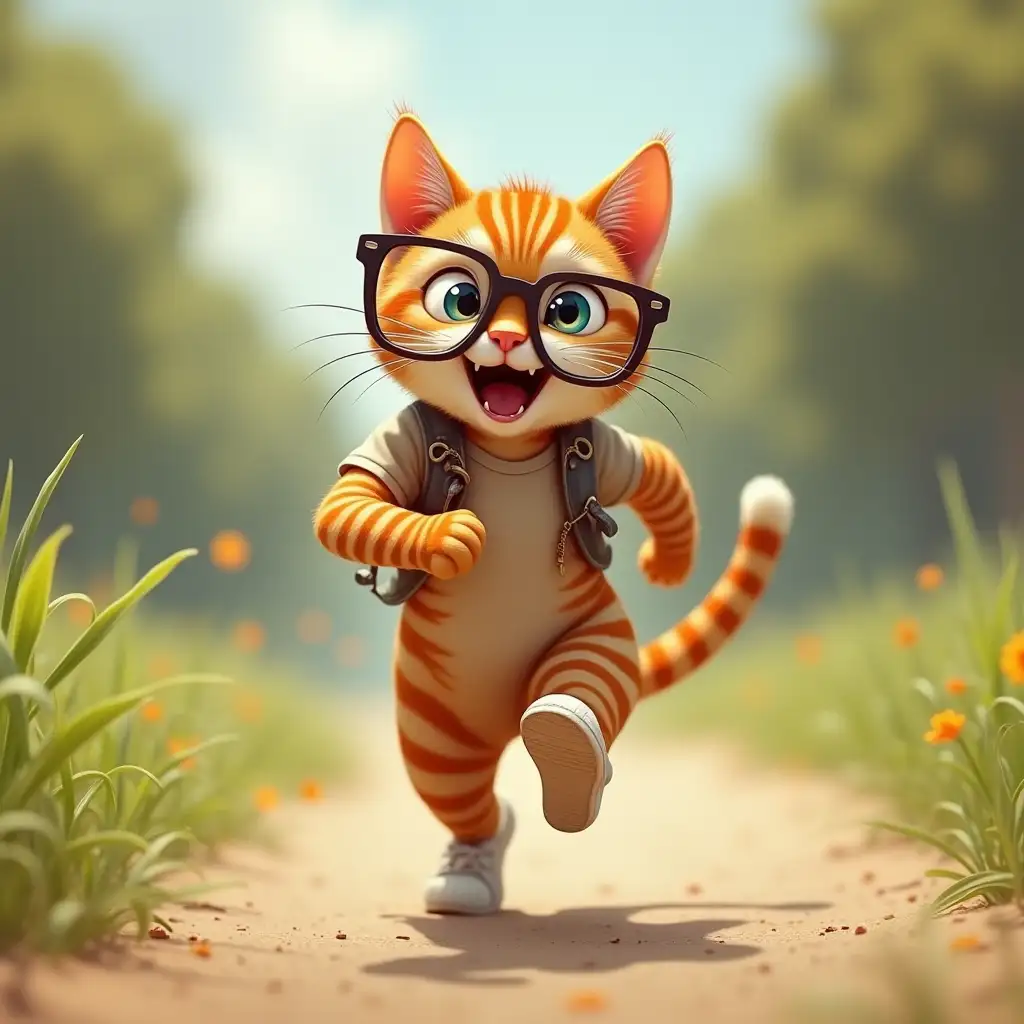 The striped cat with glasses is jogging and playing