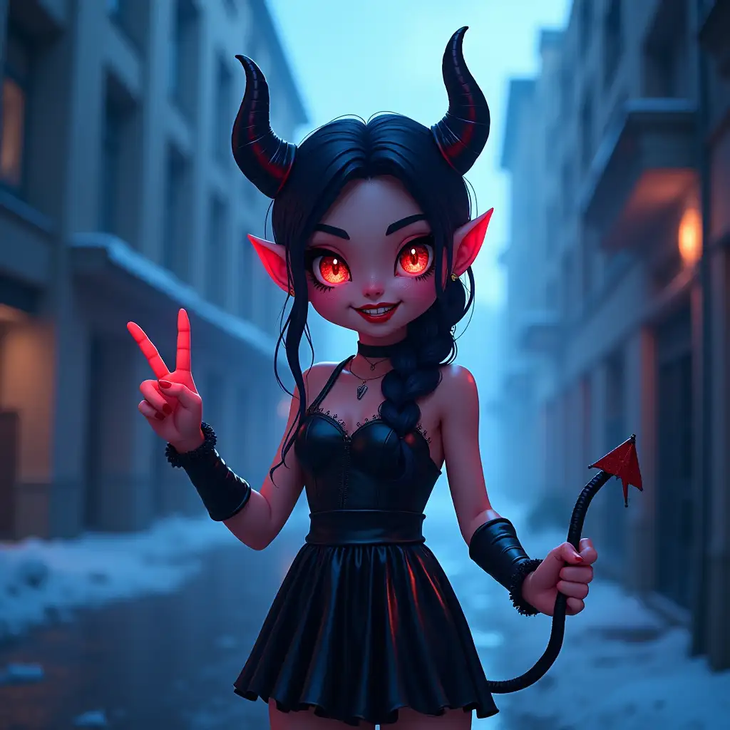 cute little devil with cute little horns,succubus hot girl,logo for the YouTube channel is the name of the MjKey Dubbing a midweight MjKey Dubbing as a (demigod) with (fishtail braid) A pulsating,translucent horror,invoking fear and intrigue,dressed in black leather dress,high-heel boots,modern structure,blue sections,clear sky,urban setting,old building,smiling,peace sign,looking forward,head tilted,eye-level shot,central framing,natural lighting,at a concert,Tarot Card style,(landscape view),4k unity,(best illumination),detailed freckles skin,multi-colored lighting,realism Ice art by Michael Deforge  