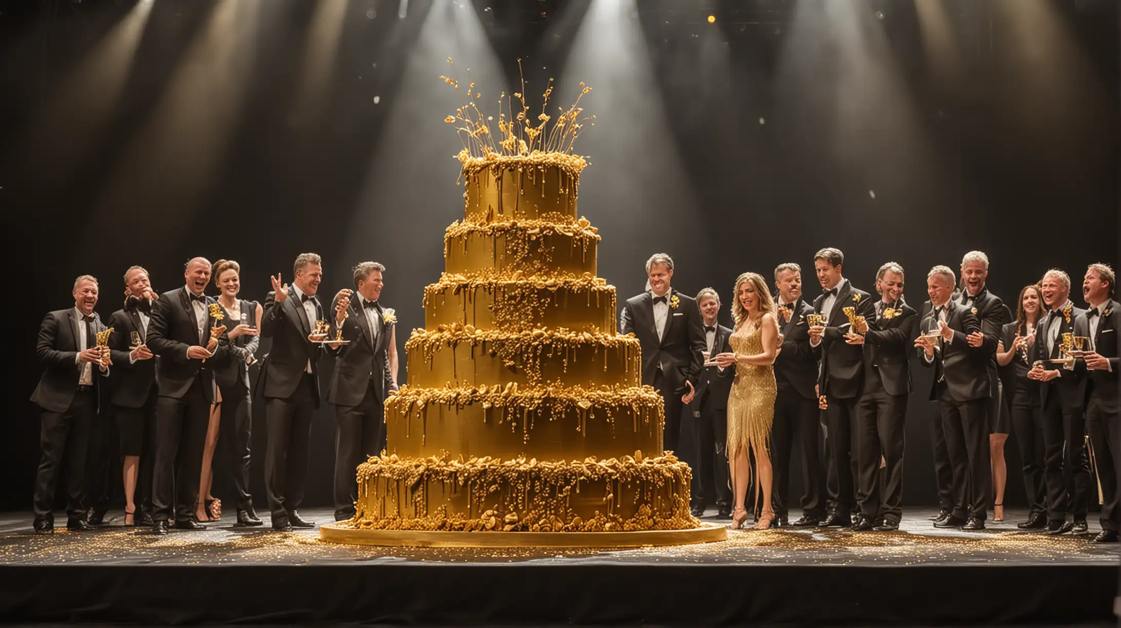 Four Company Directors Cutting a Golden Glamour Cake on Stage with LED Lighting