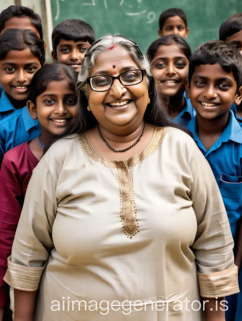 Happy-Indian-Mature-Woman-in-Cream-Salwar-with-School-Students