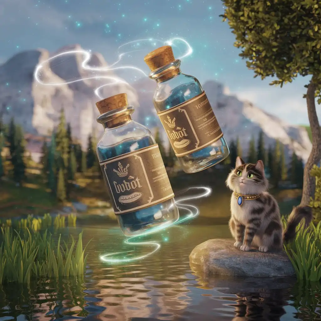 Two-Bottles-on-Nature-Background-with-3D-Cat-Effects