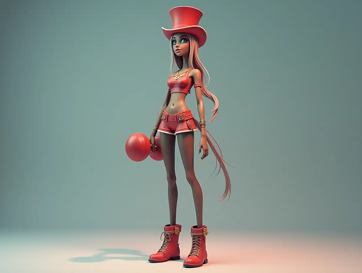 A very long 3-D female figure with very thin hairy legs and very long thin arms with top hat and boots and wears jewelry.and has a dumbbell in the hand 4K resolution Colorful