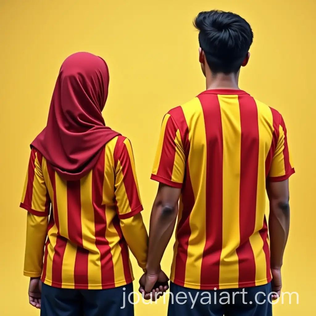 Married-Couple-Holding-Hands-in-Yellow-and-Red-Striped-Soccer-Jerseys