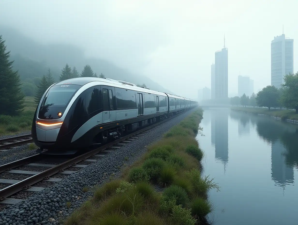 Create a high-resolution realistic panorama image in 4k resolution a futuristic locomotive black and white with silver on tracks and in the city with trees a lake with futuristic high buildings cloudy sky