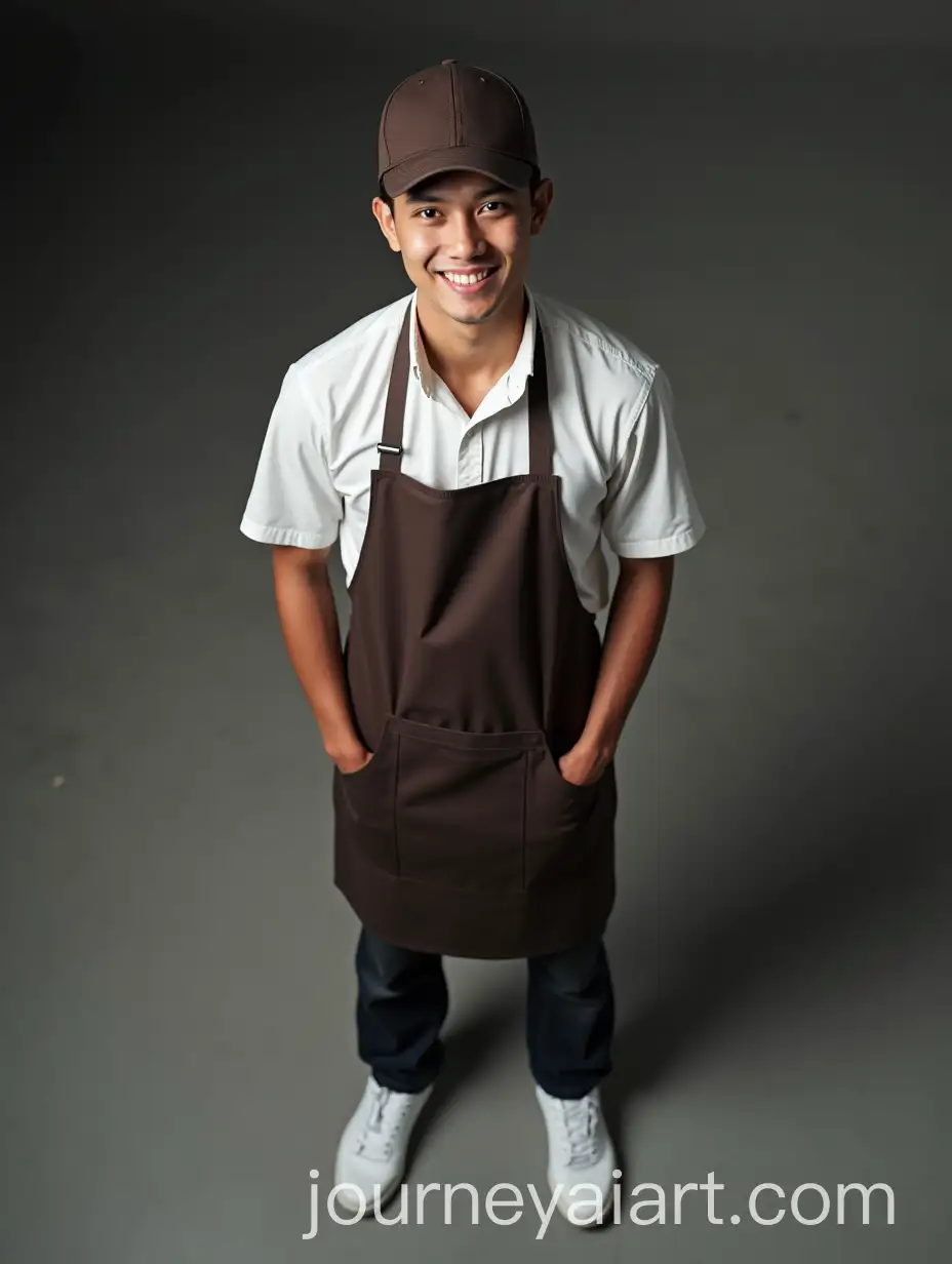 Top-View-of-a-Young-Indonesian-Man-in-Waiter-Uniform-and-Baseball-Cap