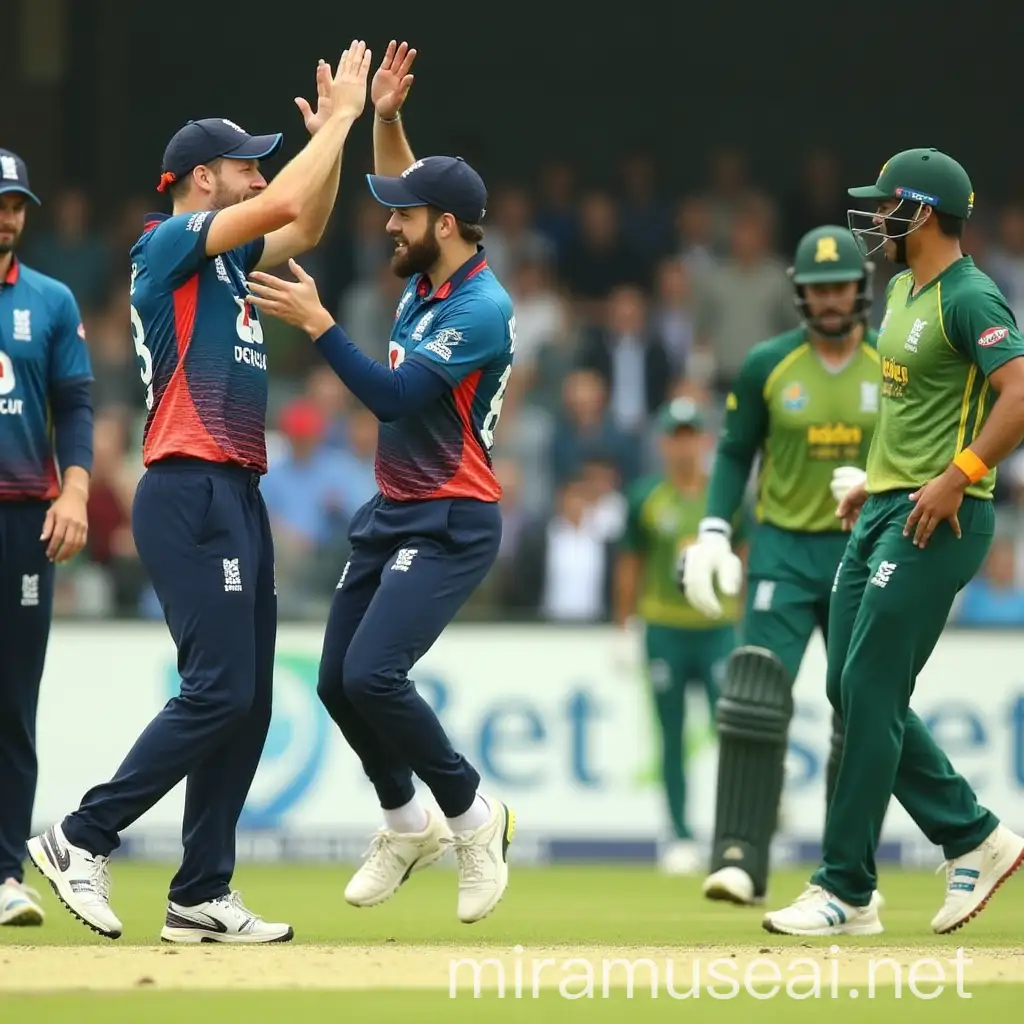 Victory Celebration England Cricketers HighFiving After Bowling Out