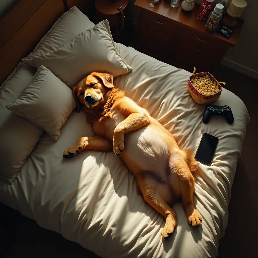 Newborn-Golden-Retriever-Sleeping-on-Bed-with-Scattered-Items