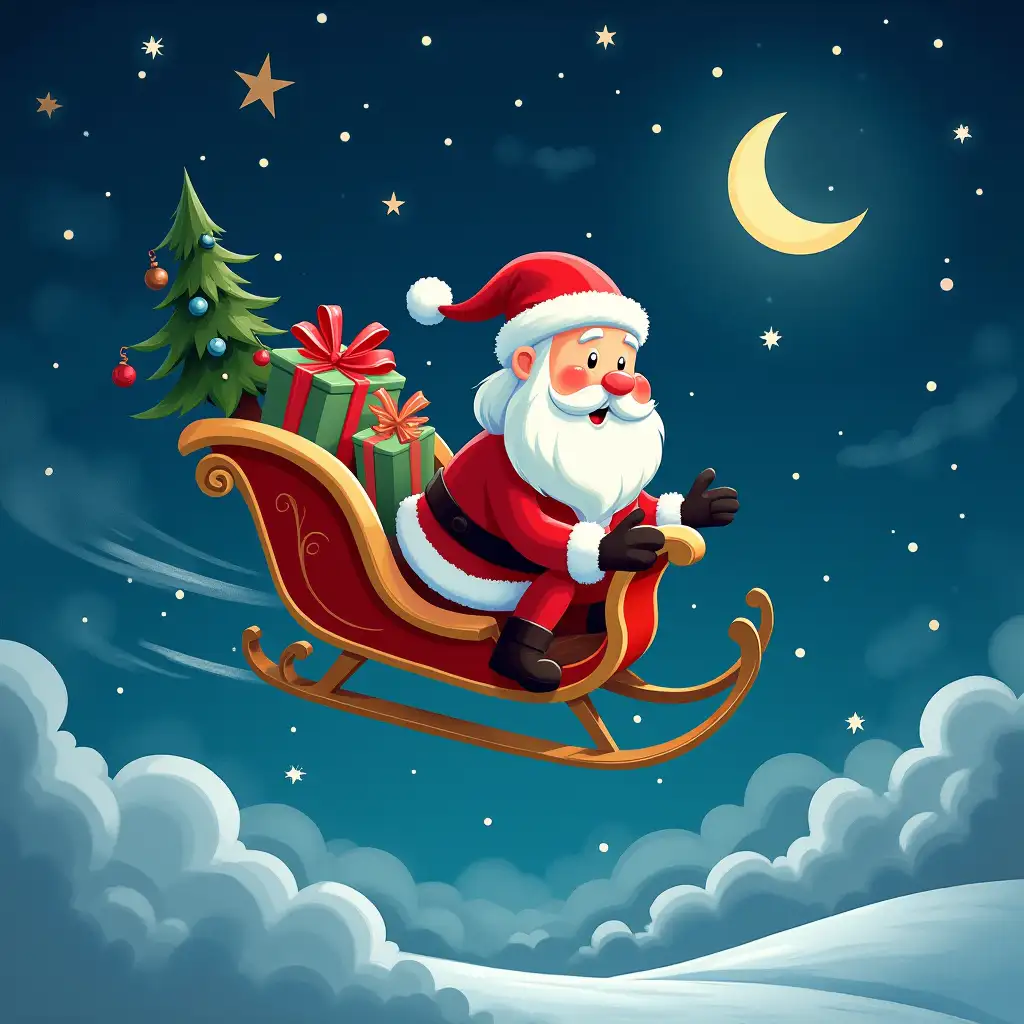 Whimsical-Illustration-of-Luna-Flying-with-Santa-Claus-Delivering-Presents