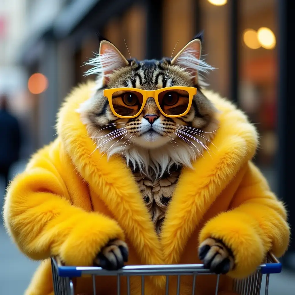 A majestic, fluffy tabby cat with striking fur patterns, wearing stylish yellow sunglasses with reflective lenses. The cat is draped in a luxurious, oversized yellow faux fur coat, exuding confidence and elegance. It is sitting inside a metal shopping cart in an urban setting with a blurred background of a modern store interior. The cat’s expression is poised and sophisticated. The lighting is warm and natural, enhancing the texture of the fur and coat.