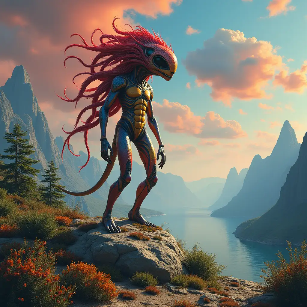 extraterrestrial creature 3 meters tall, colorful on a rock, large mountains, plants, water, planets, red clouds, trees spacecraft