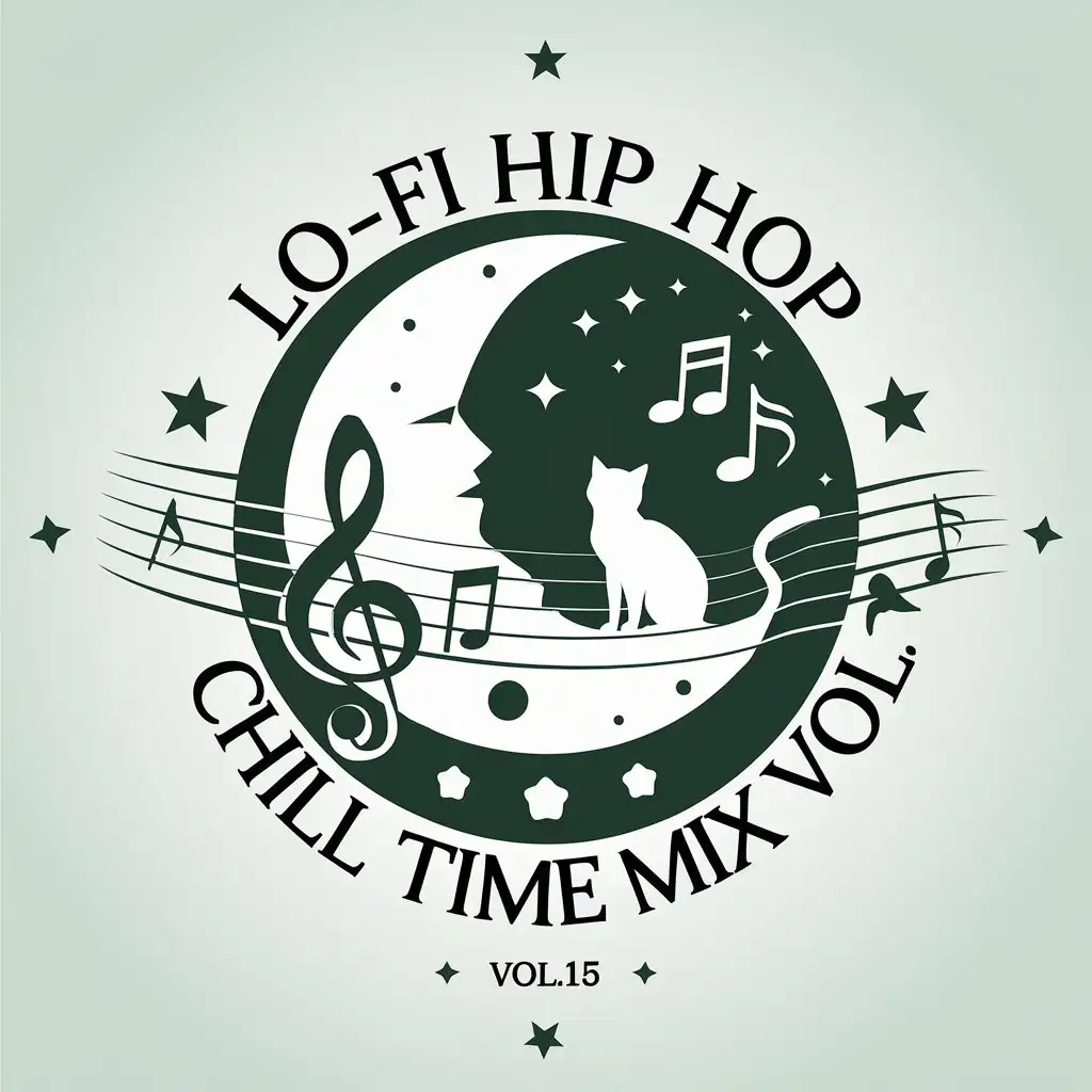 LOGO Design for Lofi Hip Hop Chill Time Mix Vol15 Moon Cat Stars Musical Notes in Monochrome Green White Theme