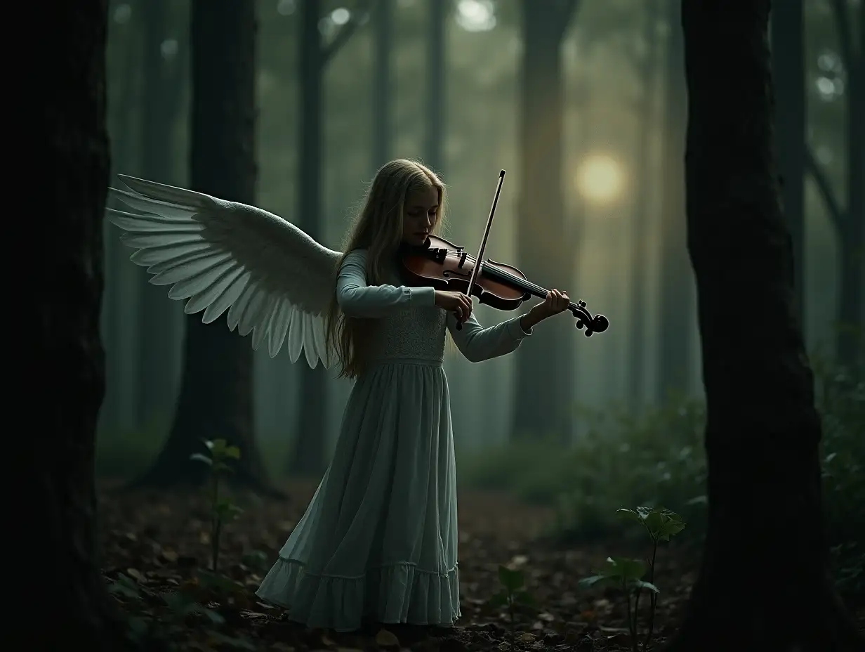 angel in the forest playing violin in dark forest