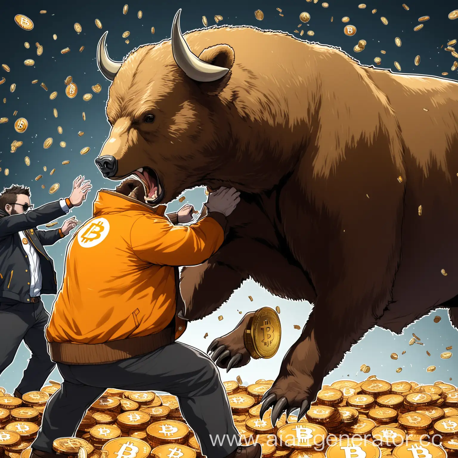 Bear-Attacking-Bull-in-Bitcoin-Jacket