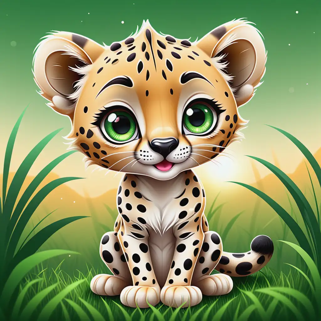 Cute Cartoon Cheetah Sitting in African Savannah