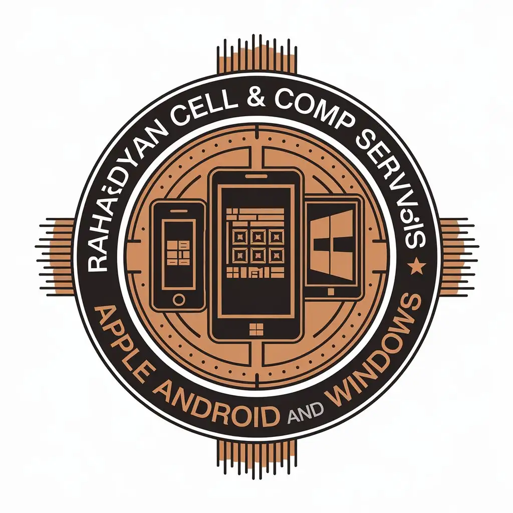 a vector logo design,with the text "RAHARDYAN CELL & COMP Servis Apple Android and Windows", main symbol:Gadget,complex,be used in Technology industry,clear background