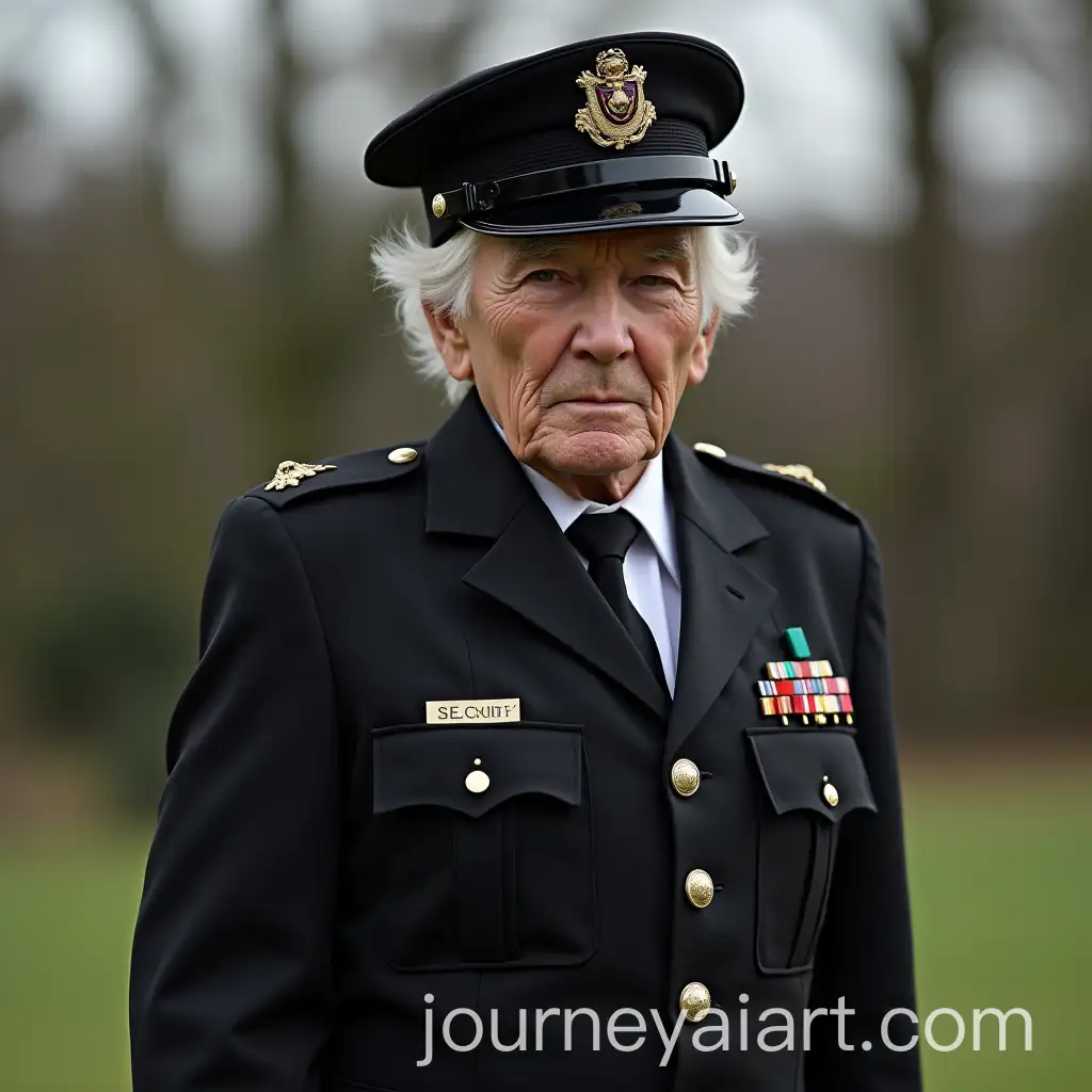 Elderly-Security-Guard-in-Black-Silk-Uniform-Poses-Outdoors