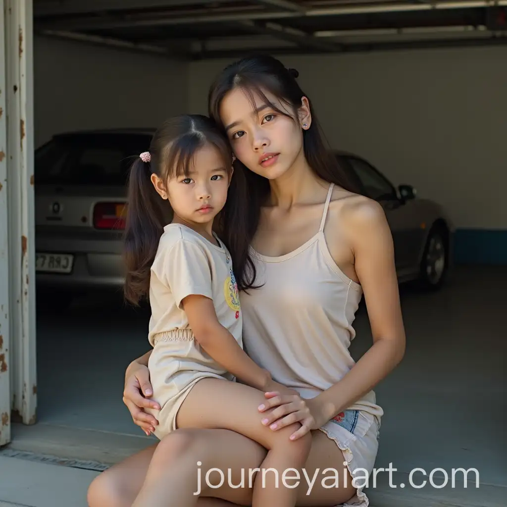 Young-Asian-Mother-and-Daughter-in-Garage-with-Worried-Expression