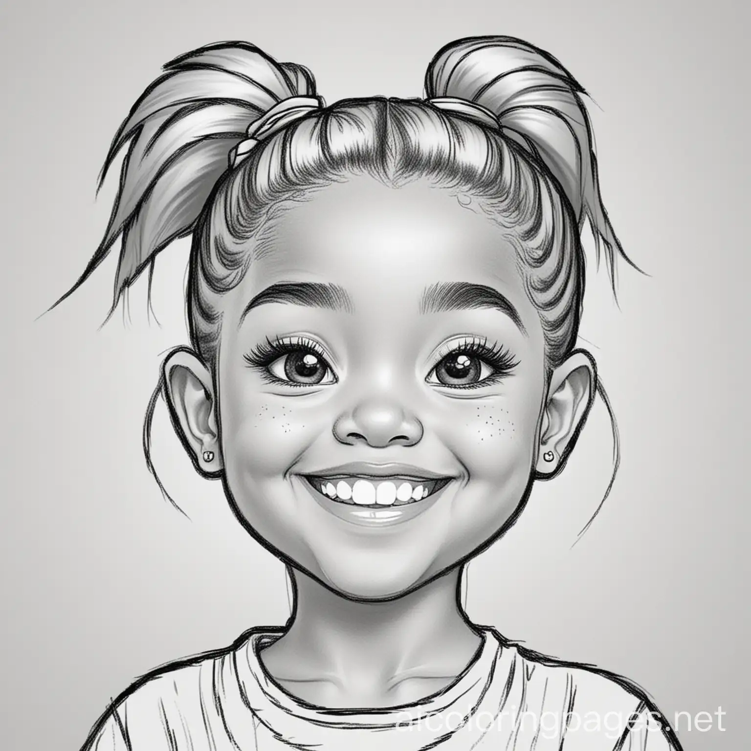 l5 year old black girl with ponytail and happy face, Coloring Page, black and white, line art, white background, Simplicity, Ample White Space. The background of the coloring page is plain white to make it easy for young children to color within the lines. The outlines of all the subjects are easy to distinguish, making it simple for kids to color without too much difficulty