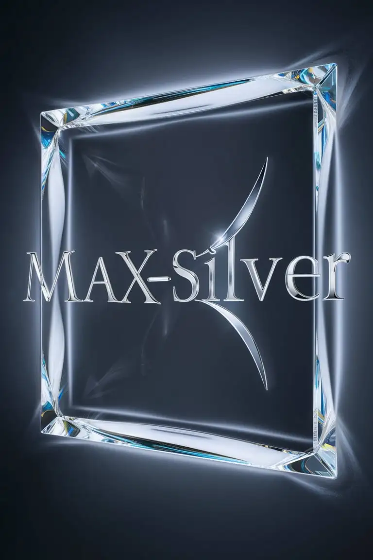 Draw a clear, high-definition square shape of glass on the whole positive screen, the word MAX-SILVER with a crystal clear design, delicate and precise, with a soft and responsive touch, shiny reflections, high definition