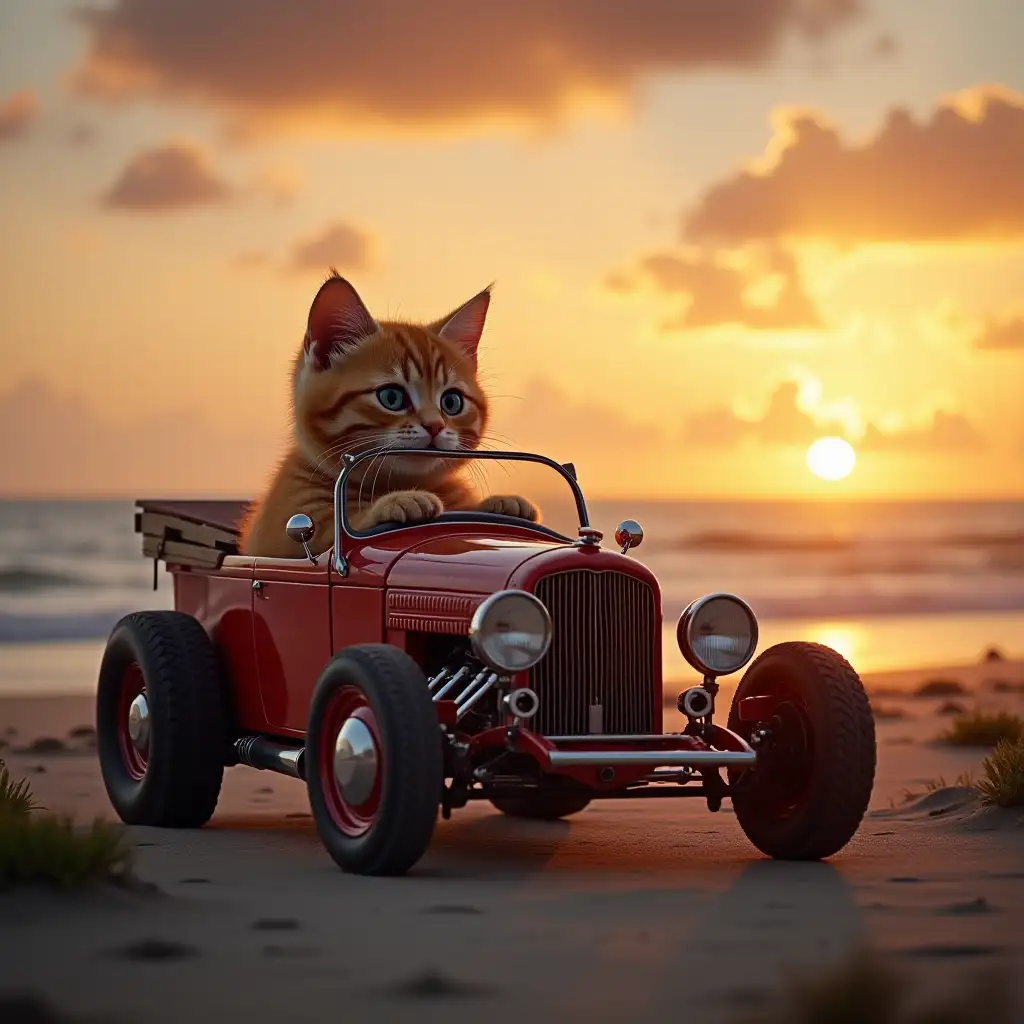 cute cat driving hot rod on sunset beach