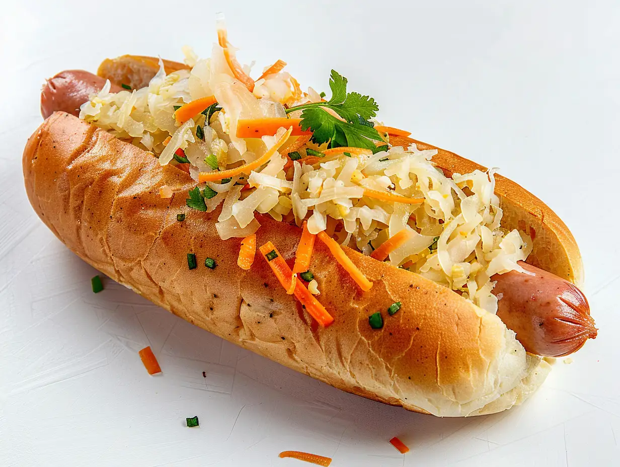 Promotional-Photograph-of-Hot-Dog-with-Sauerkraut-and-Pickled-Cucumber