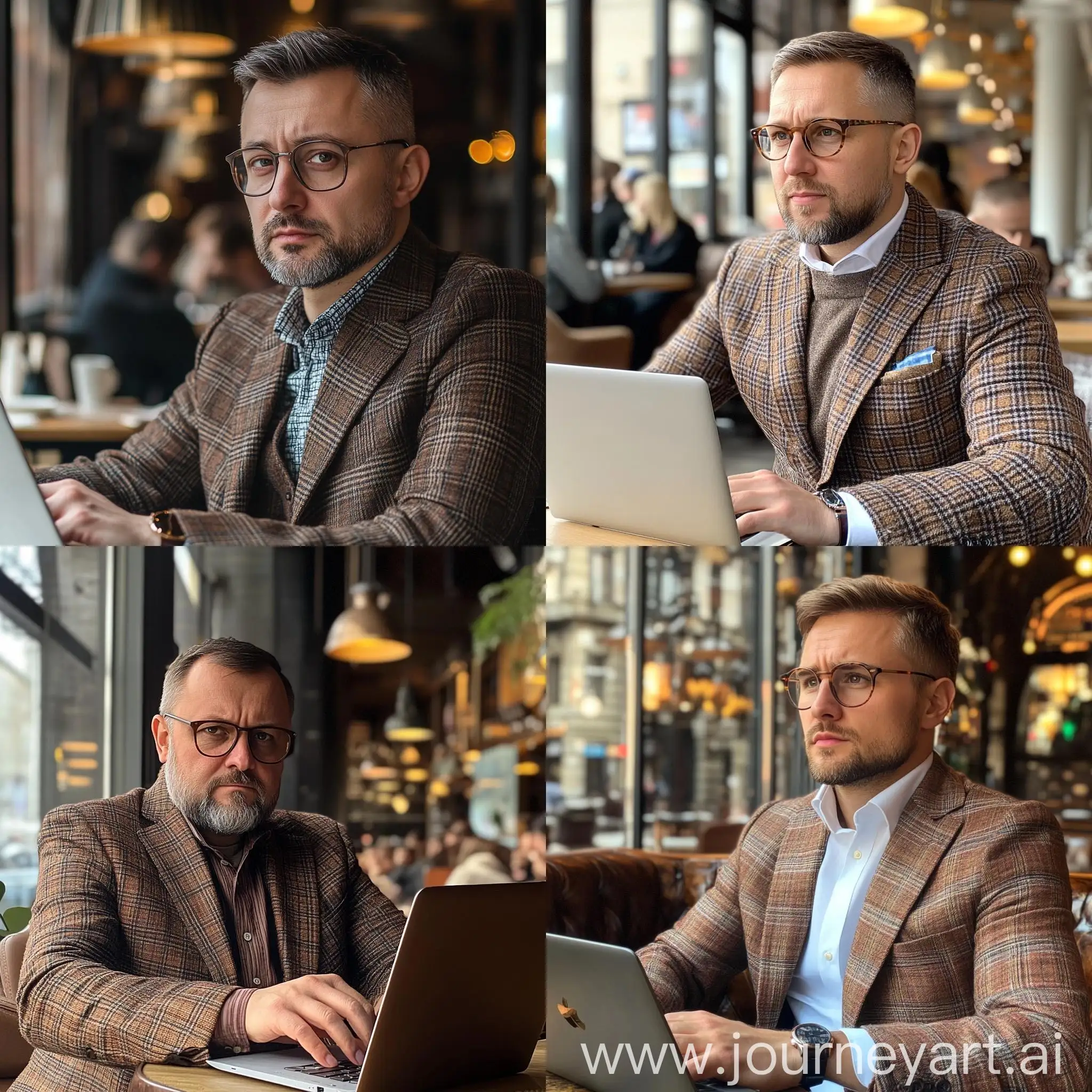 Russian-Man-in-Brown-Plaid-Suit-Working-on-Laptop-in-Cafe